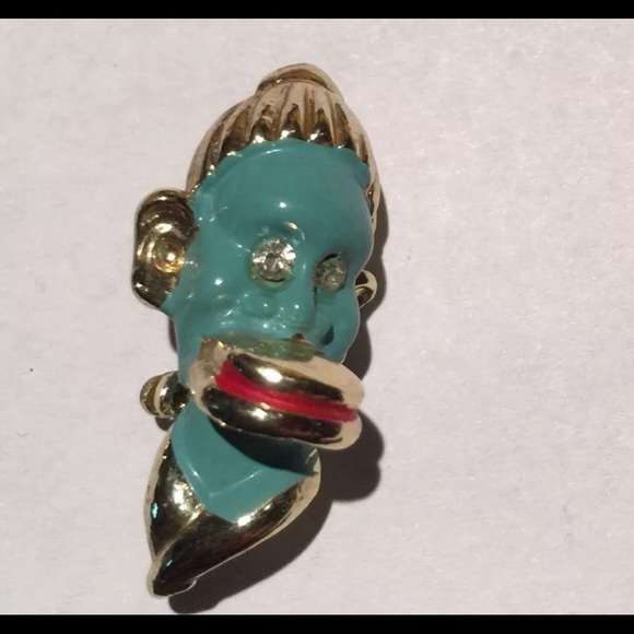 TRIBAL PIN TEAL FACED WITH A LIP PLATE RED LIPS White Crystal /Diamond like Eyes - Picture 8 of 8
